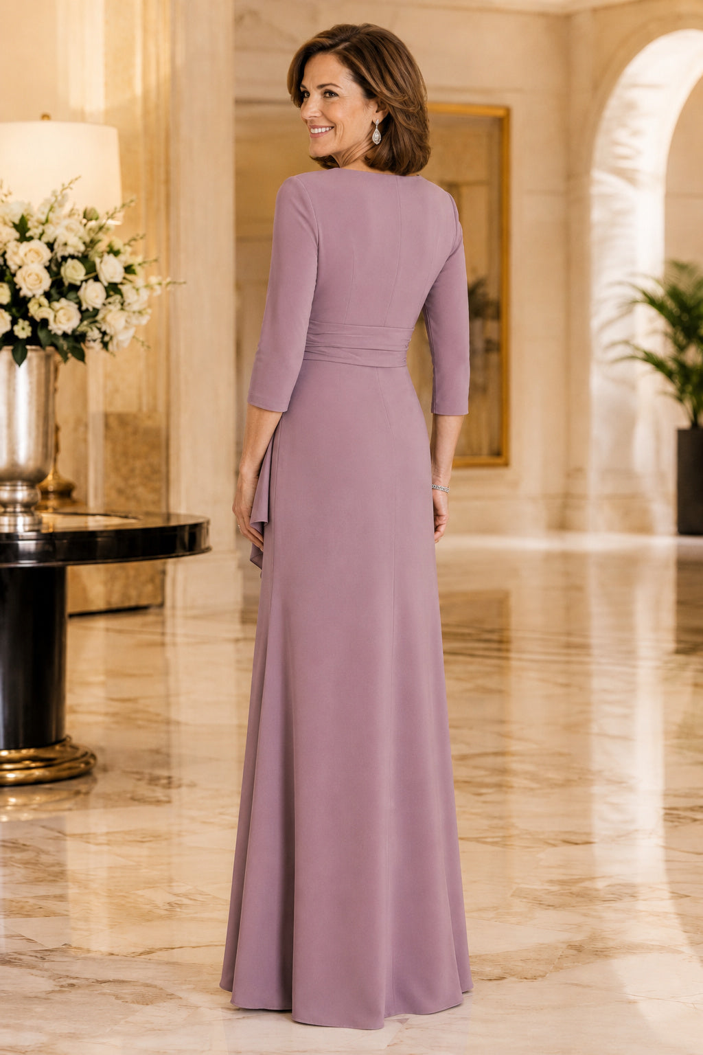 Vintage Mauve V-Neck Sheath Mother Dress with Three-Quarter Sleeves and Side Drape back view