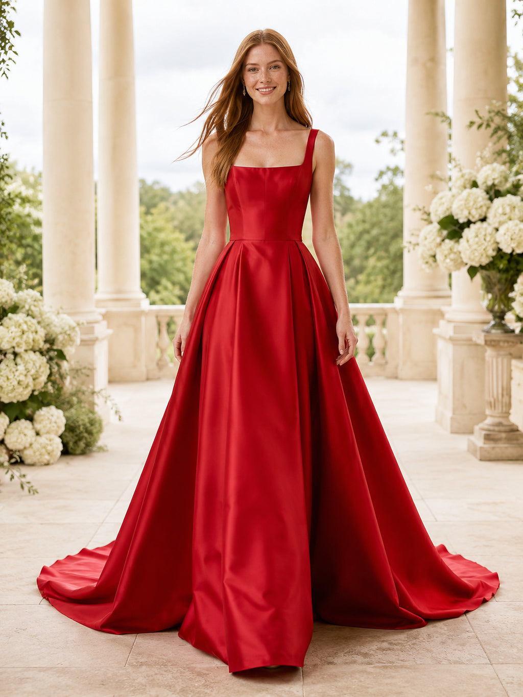 Red Square Neck Strap Satin A-Line Modern Wedding Gown front view