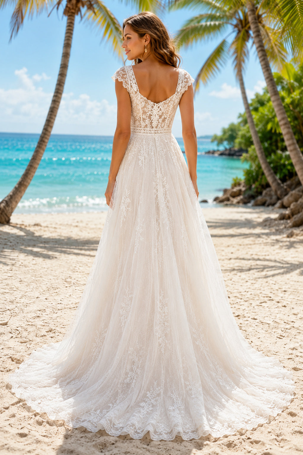 Ivory Cap Sleeve Scoop Neck Lace Tulle A-Line Wedding Dress for Bridal Ceremony and Reception back view