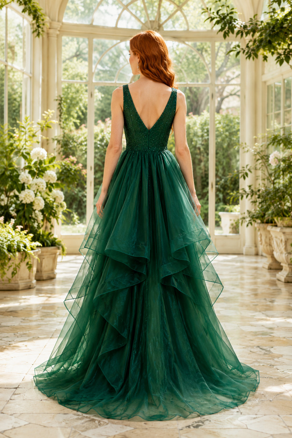Dark Green V-Neck High-Low Layered Tulle Prom Dress with Beaded Bodice and Cascading Ruffles back view