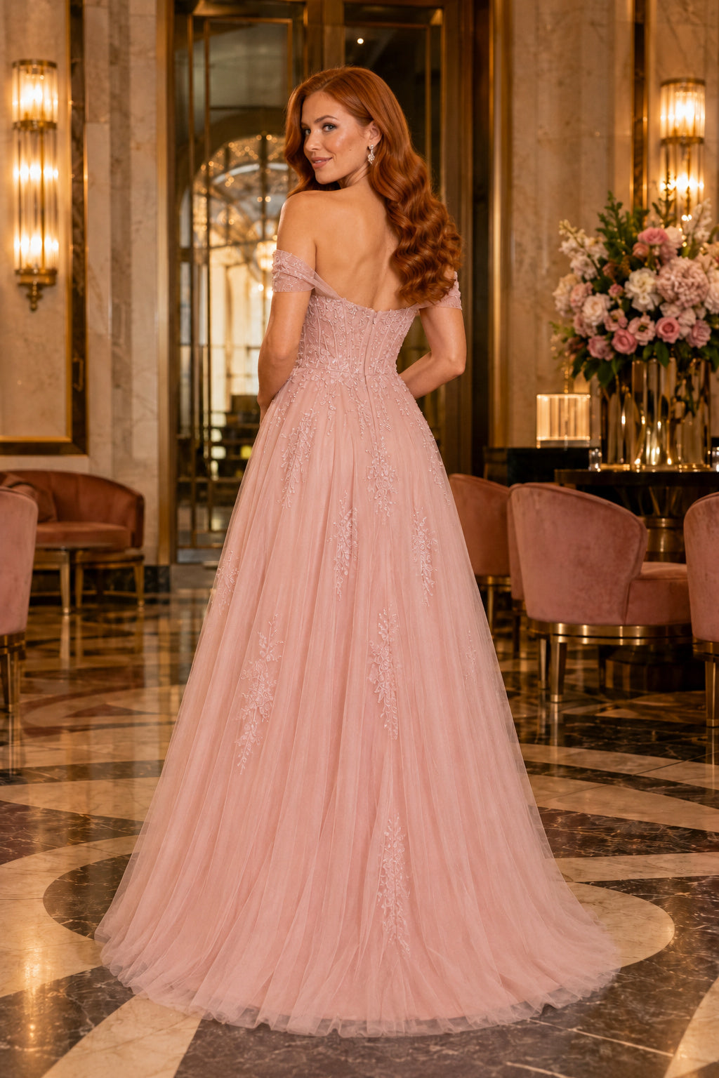 Blushing Pink Off-the-Shoulder Tulle A-Line Prom Dress with Lace Applique Bodice back view