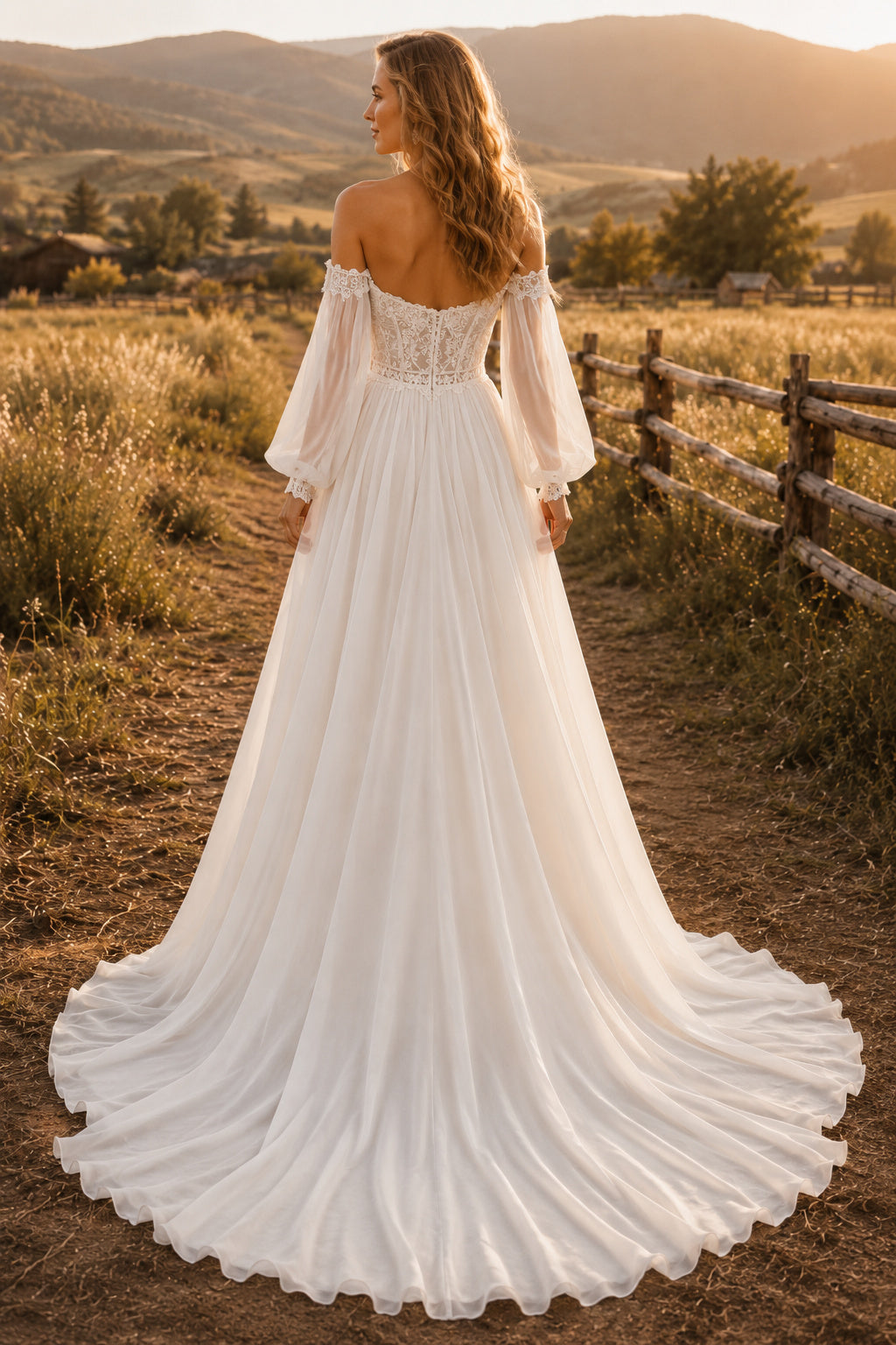 Boho Off the Shoulder A-Line Wedding Dress with Sweetheart Lace Bodice and Bell Sleeves back view