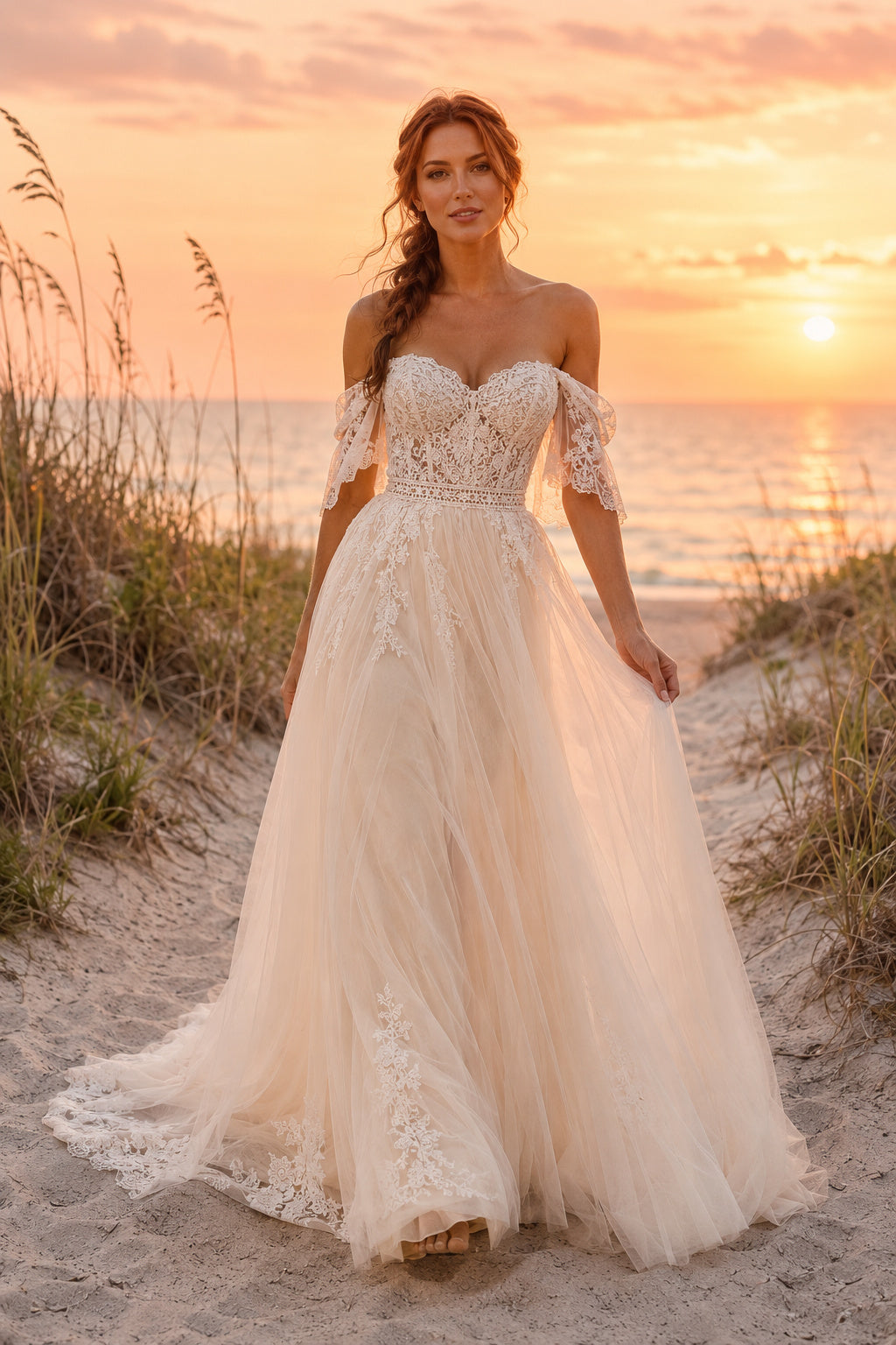 Ivory Off Shoulder Lace Half Sleeve A-Line Wedding Dress Chapel Train for Bridal Ceremony and Reception front view
