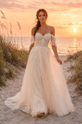 Ivory Off Shoulder Lace Half Sleeve A-Line Wedding Dress Chapel Train for Bridal Ceremony and Reception front view