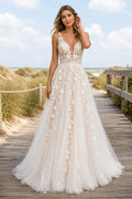 Ivory Spaghetti Strap Floral Lace A-Line Wedding Dress with Deep V-Neck front view