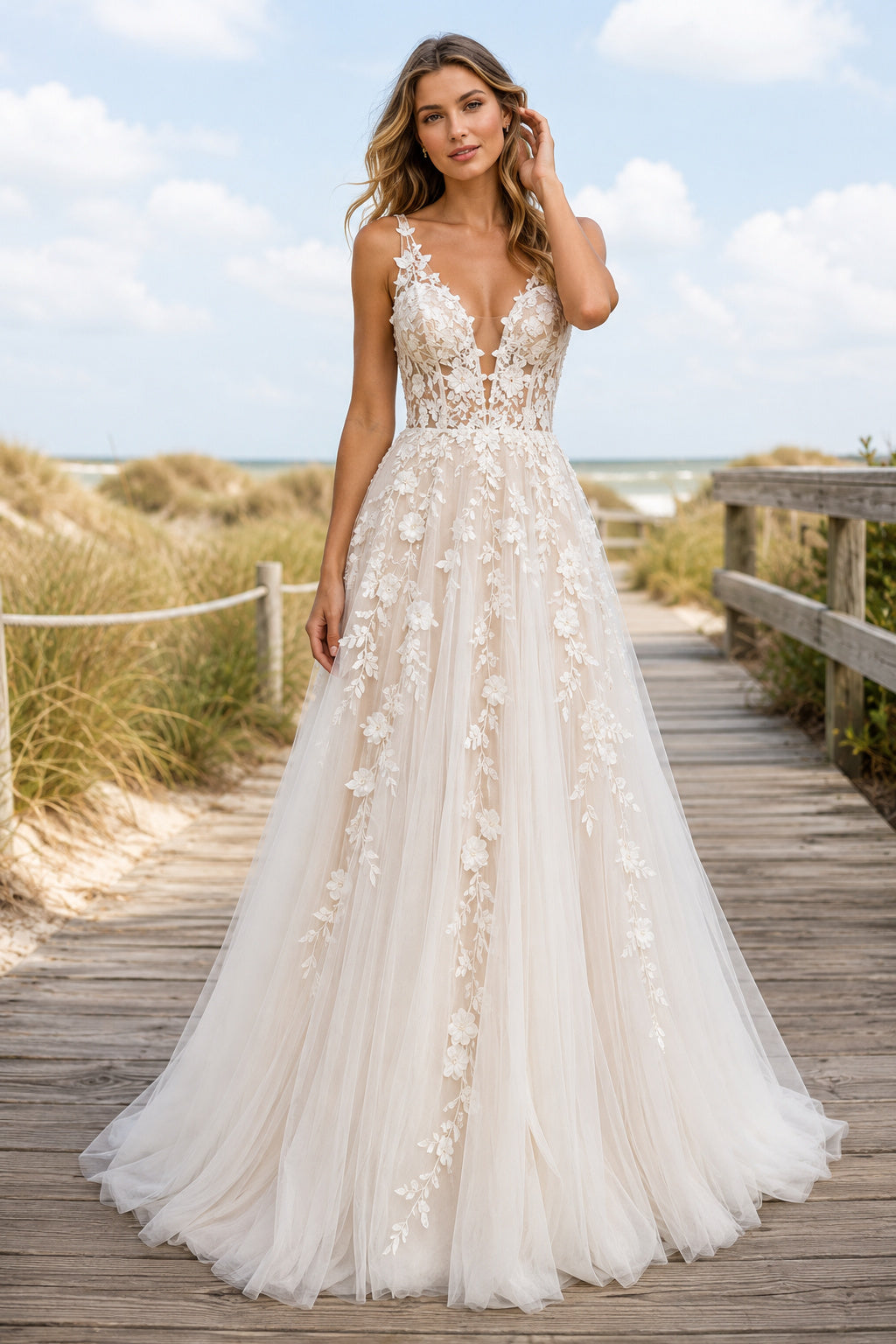 Ivory Spaghetti Strap Floral Lace A-Line Wedding Dress with Deep V-Neck front view