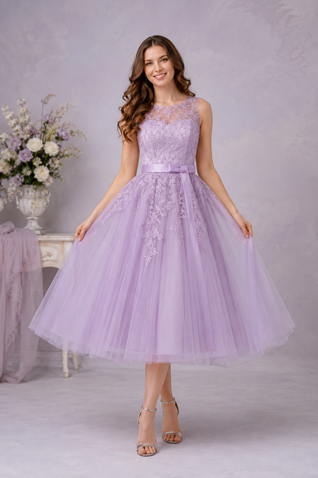 Lavender Sleeveless Lace Bodice with Bow Back and Tulle Skirt Tea Length A-Line Homecoming Dress front view