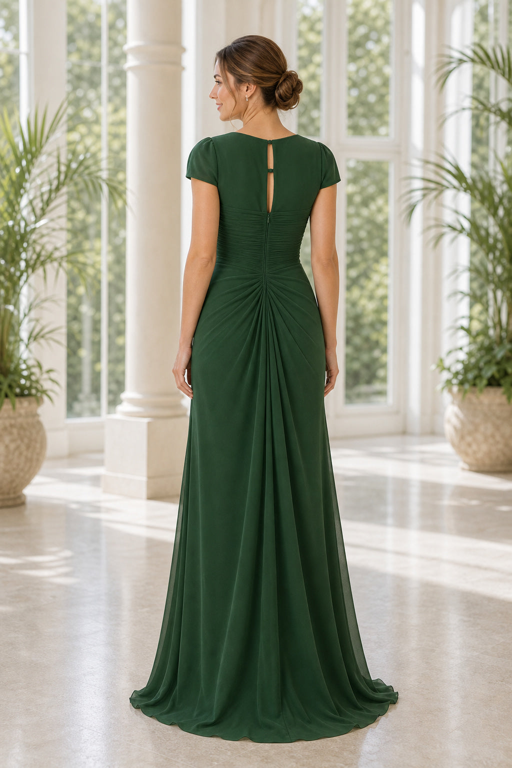 Emerald Bateau Short Sleeve Sheath Chiffon Floor-Length Dress With Lace Bodice