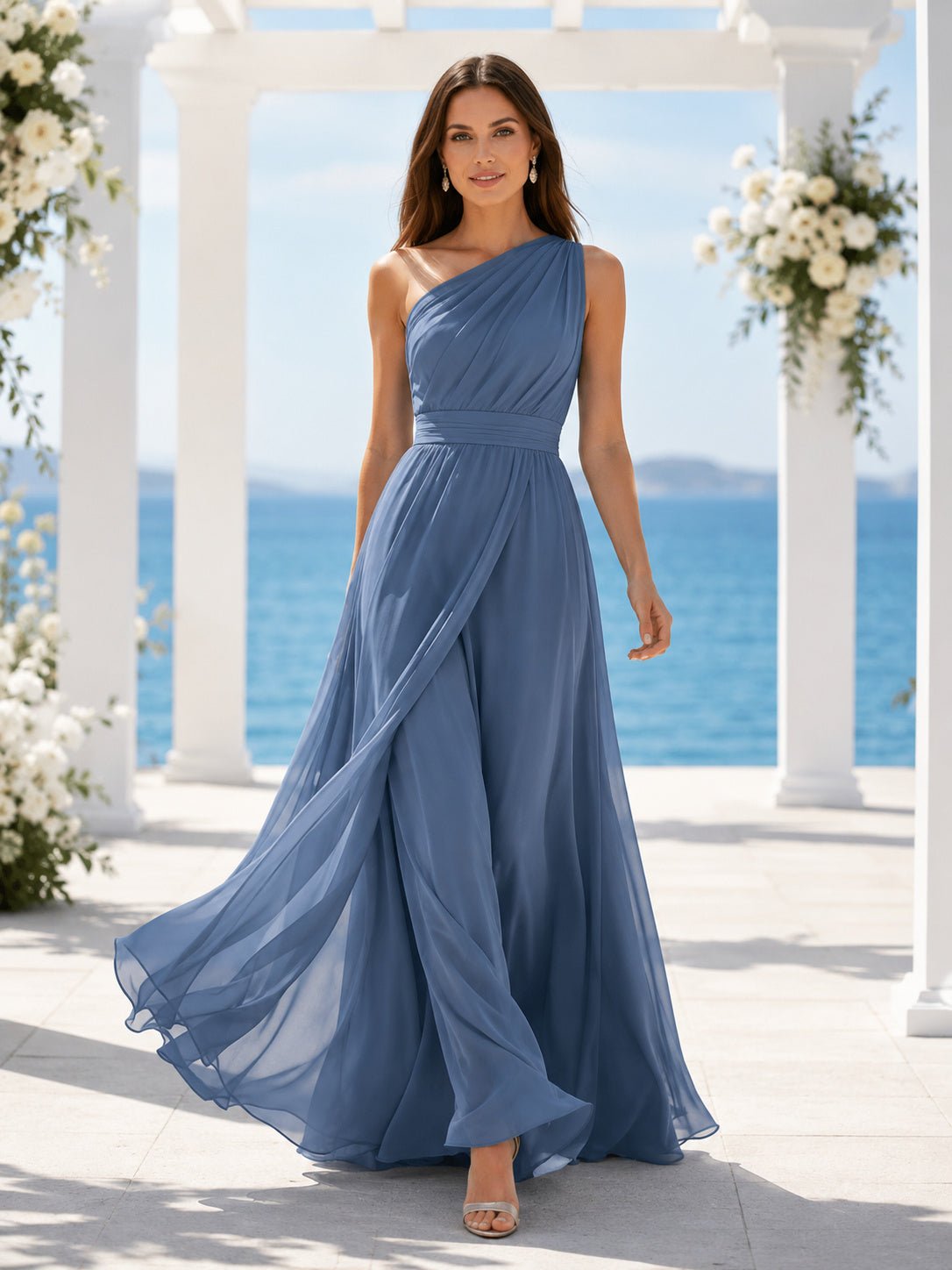 Dusty blue one shoulder chiffon maxi beach formal dress front view