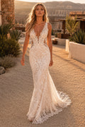 Champagne Sexy Spaghetti Neck Mermaid Champagne Lace Wedding Dress with Spaghetti Straps and Sweep Train Style MG_701378 fron