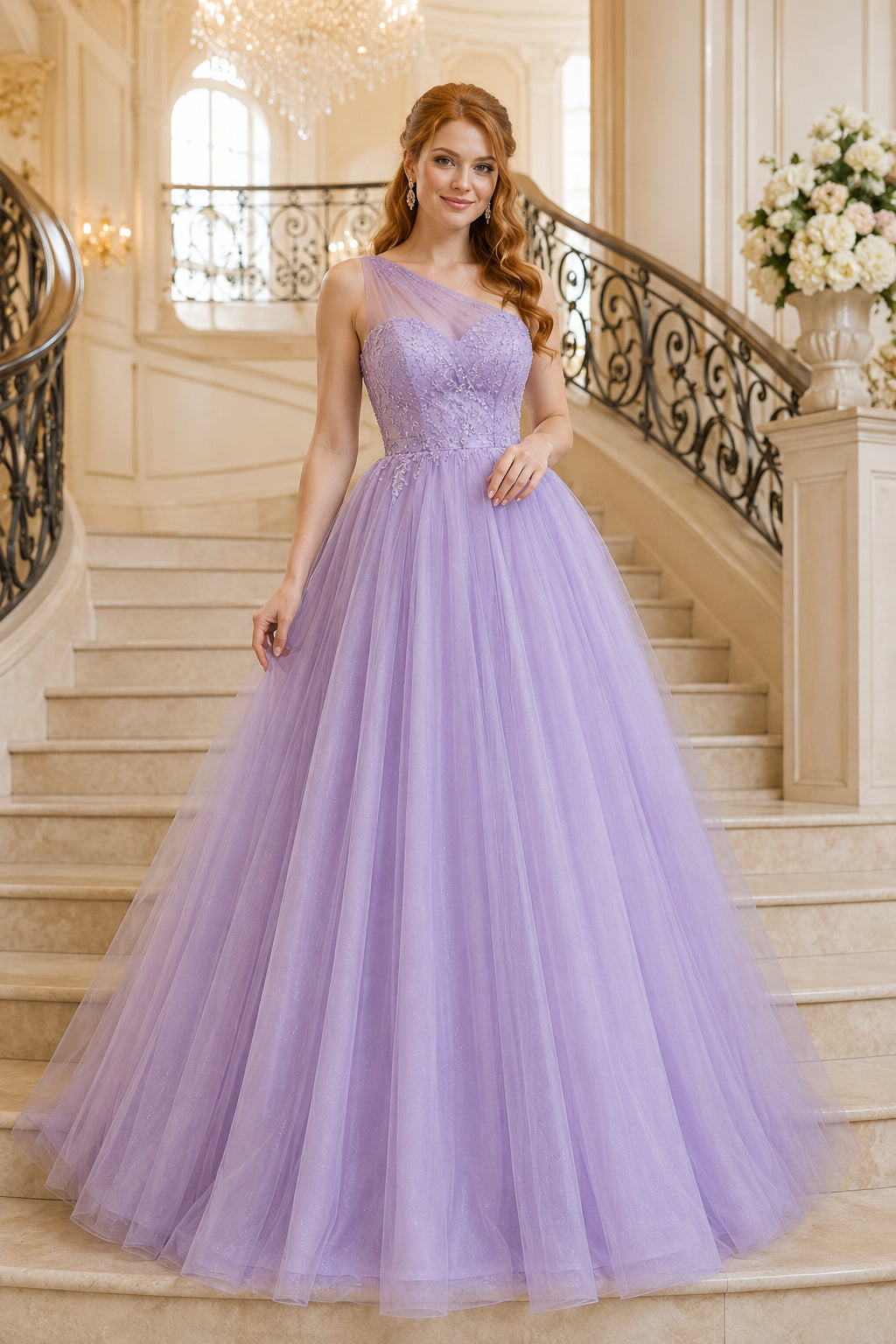 Lavender One-Shoulder Tulle Ball Gown with Embellished Bodice front view