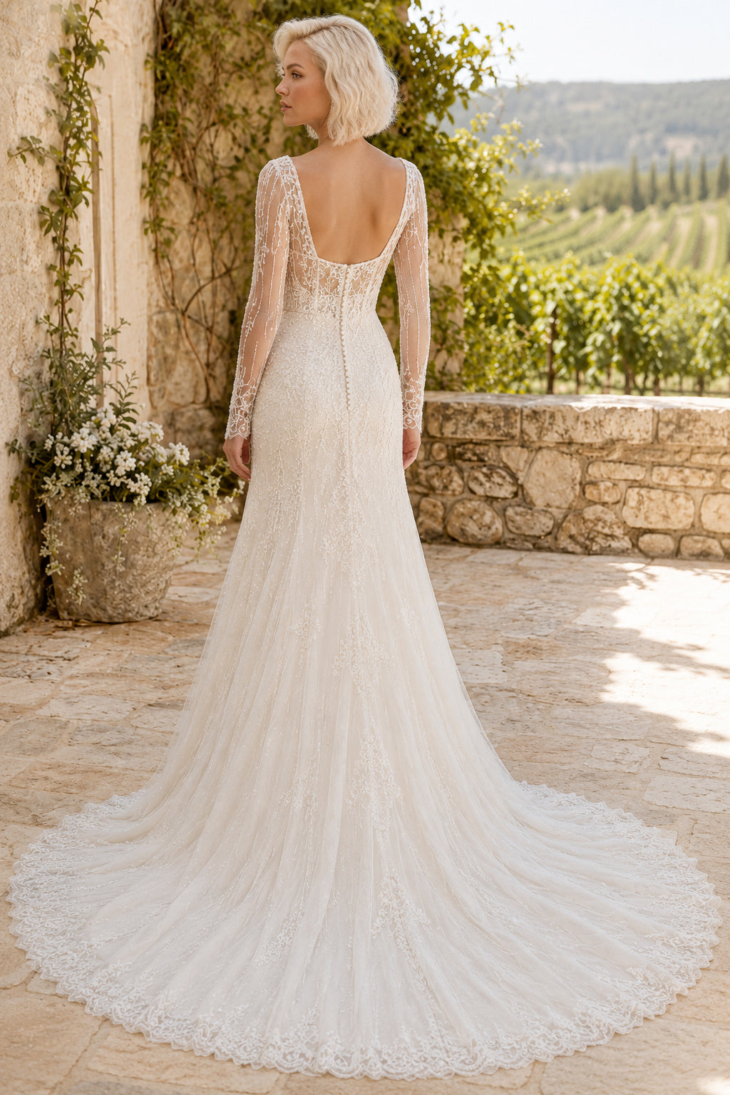 Ivory Square Neck Long Sleeve Lace Sheath Wedding Dress with Sweep Train back view