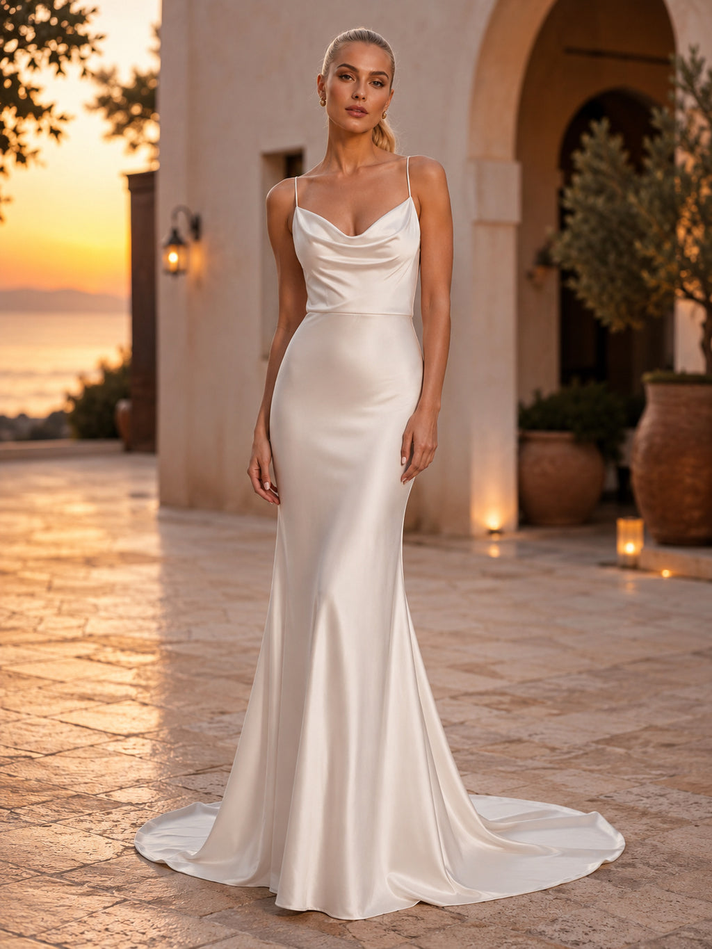 Elegant Beach Satin Wedding Dress Sheath Cowl Neck Sleeveless Sweep Train Open Back Bridal Gown front view