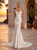 Elegant Beach Satin Wedding Dress Sheath Cowl Neck Sleeveless Sweep Train Open Back Bridal Gown front view