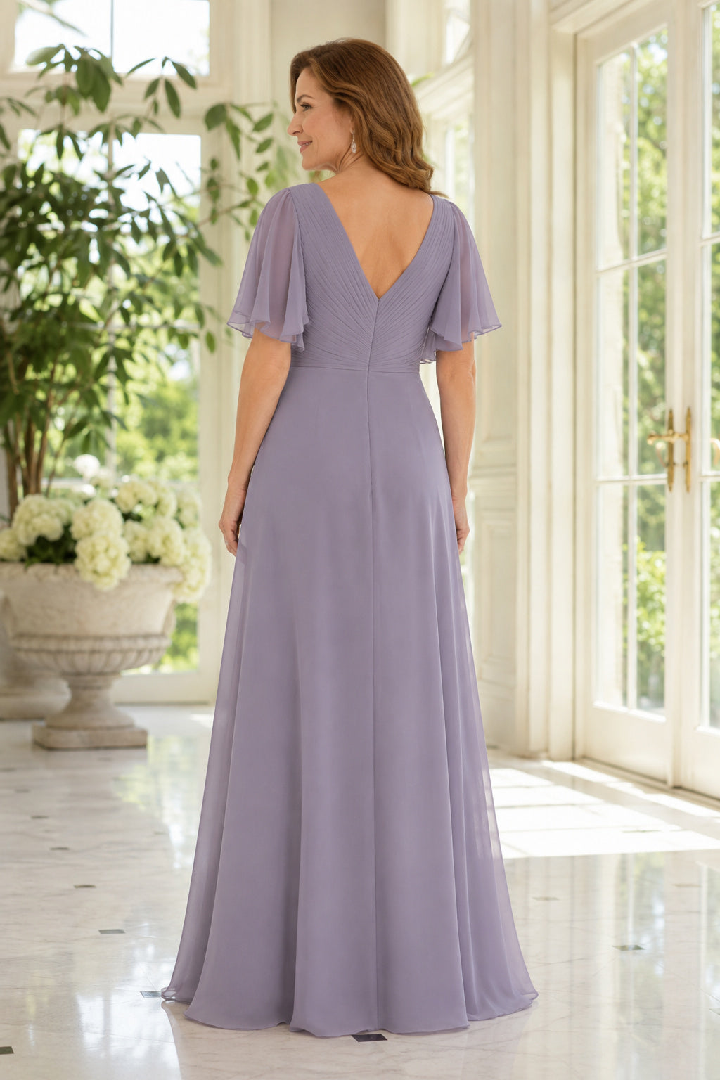 Lavender V-Neck Chiffon Mother Dress with Flutter Sleeves and Ruched Waist for Evening Reception back view