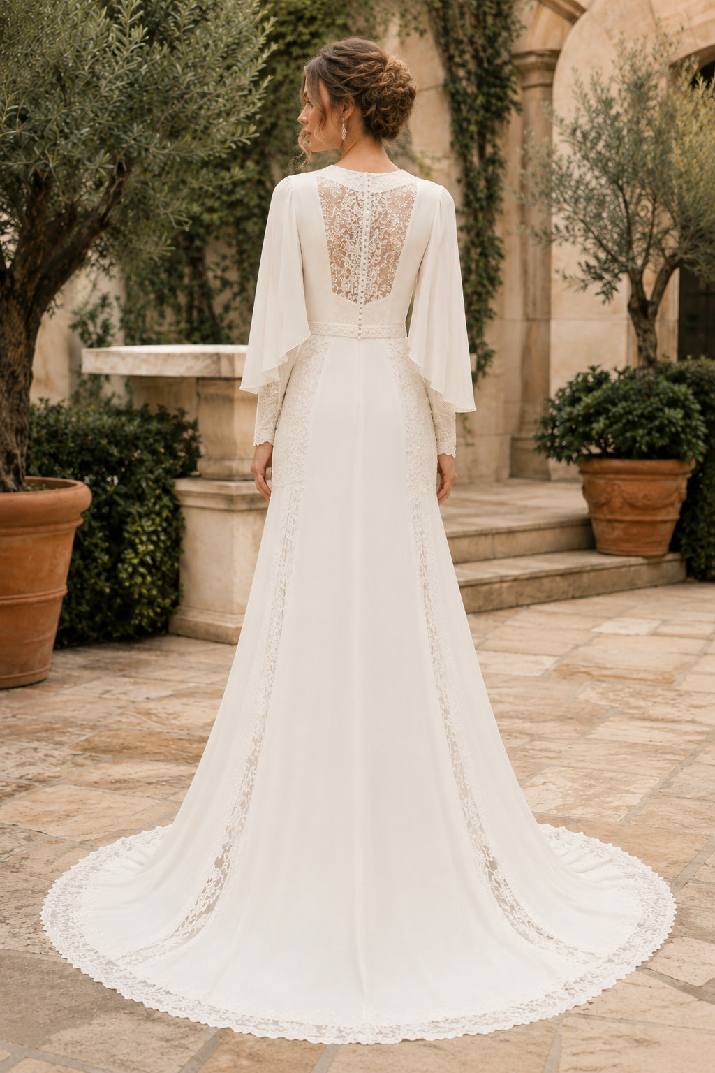 Ivory Simple Bateau Neck Sheath Chiffon Lace Wedding Dress with Long Bell Sleeves and Court Train back view