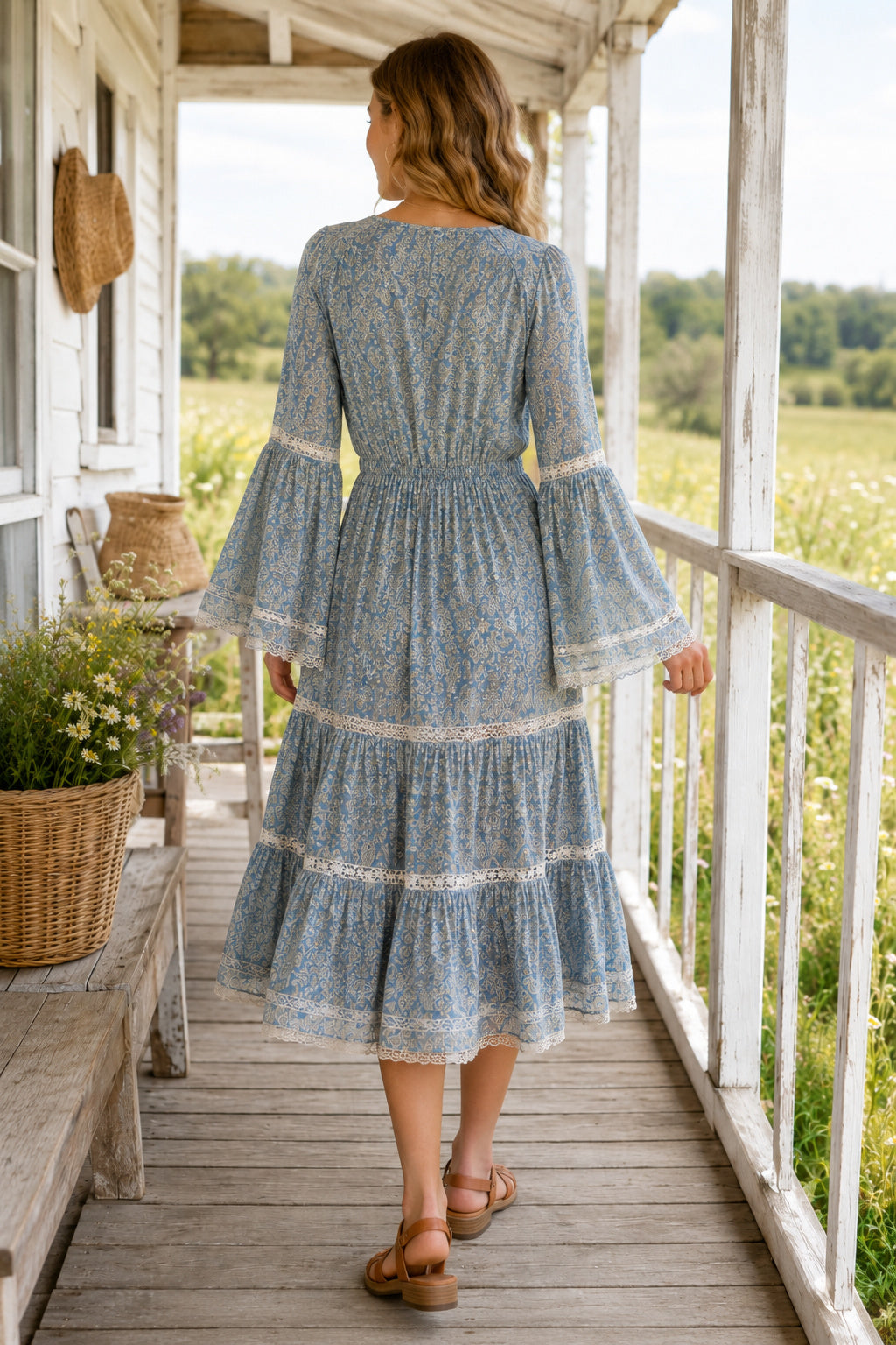 Steel Blue V-Neck Boho Guest Dress with Bell Sleeves and Tiered Tea Length Skirt back view