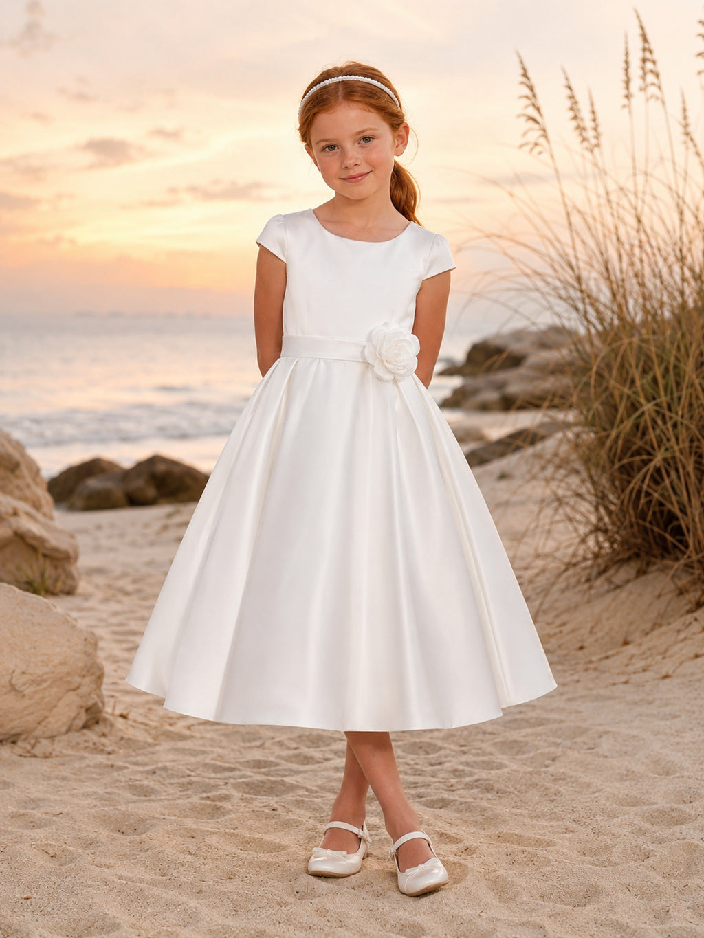 Satin Cap Sleeve Tea-Length A-Line Flower Girl Beach Wedding Dress With Floral Applique front view
