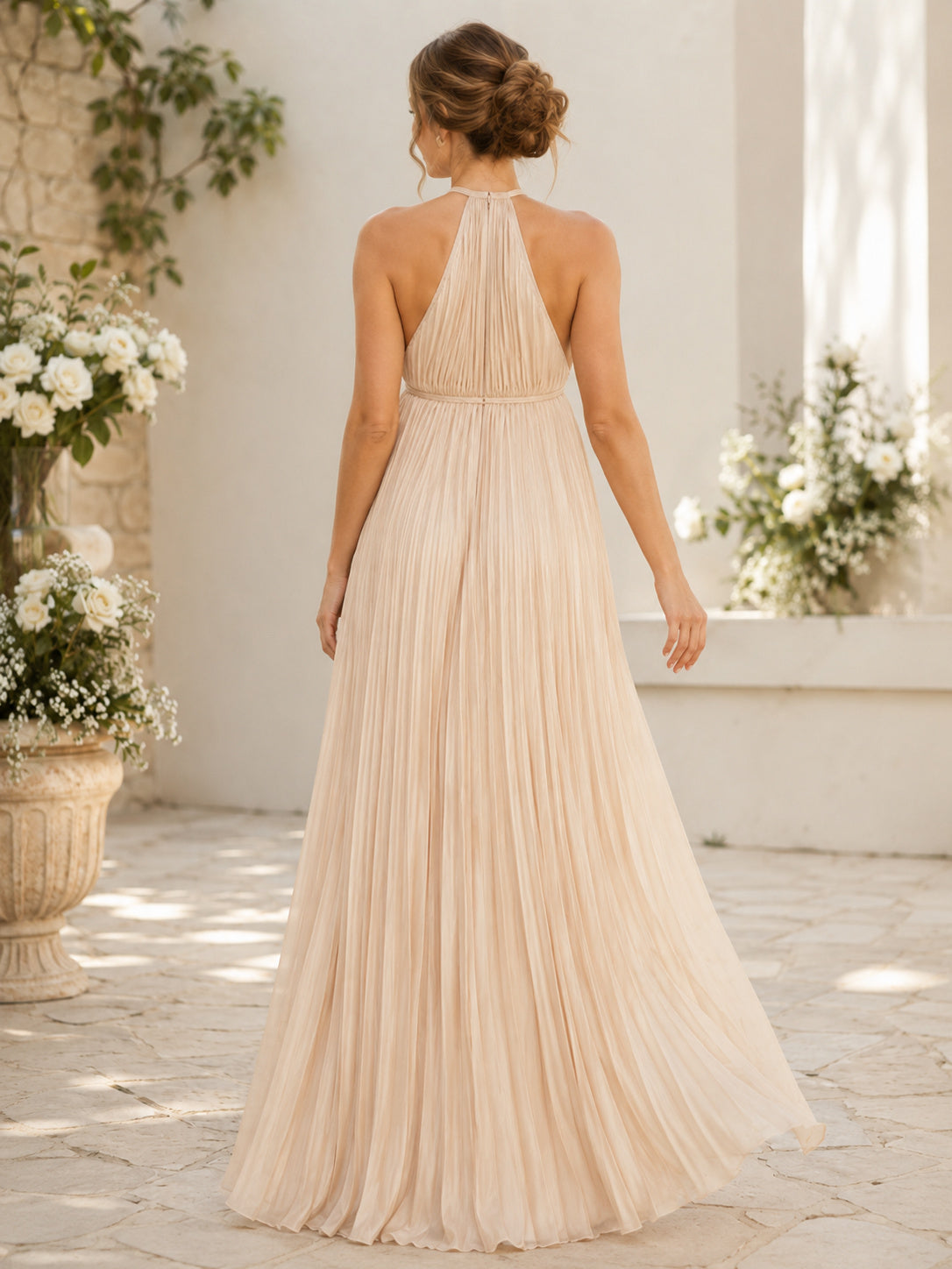 Champagne Maternity Halter High Neck Pleated Chiffon Empire Floor-Length Gown back view