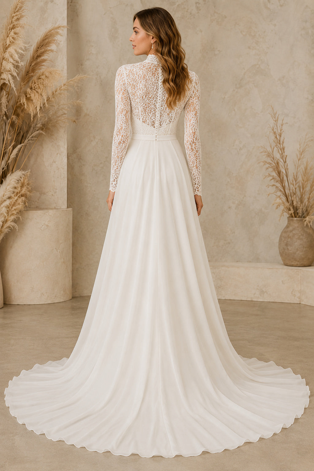 High Neck Long Sleeve A-Line Wedding Dress with Clean Bodice and Chiffon Train for Beach Garden Ceremony back view