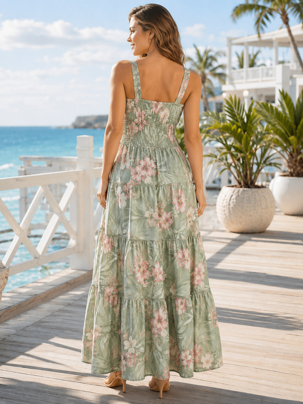 Sage Tropical Floral Square Neck Tiered Maxi Dress back view