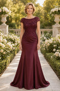 Burgundy Cap Sleeve Mermaid Mother Dress with Lace Bodice and Sweep Train front view