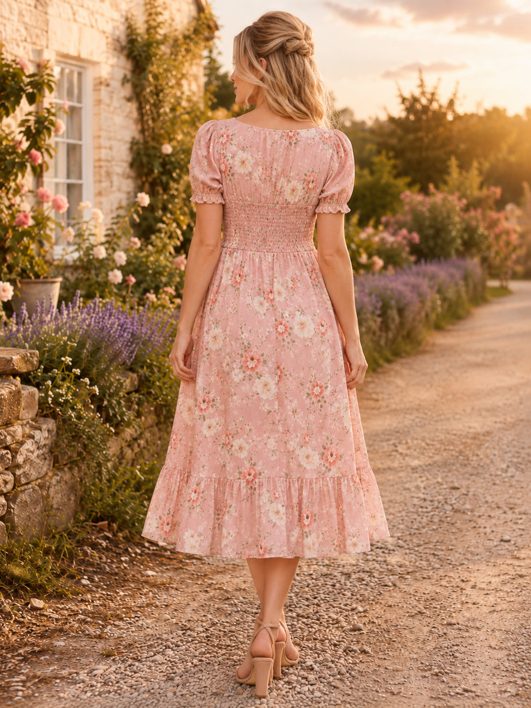 Pink Floral Smocked Waist Puff Sleeve Prairie Midi Dress back view
