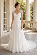 White V-neck Cap Sleeves A-Line Chiffon, Lace Floor-length Wedding Dress With Lace Bodice and Train