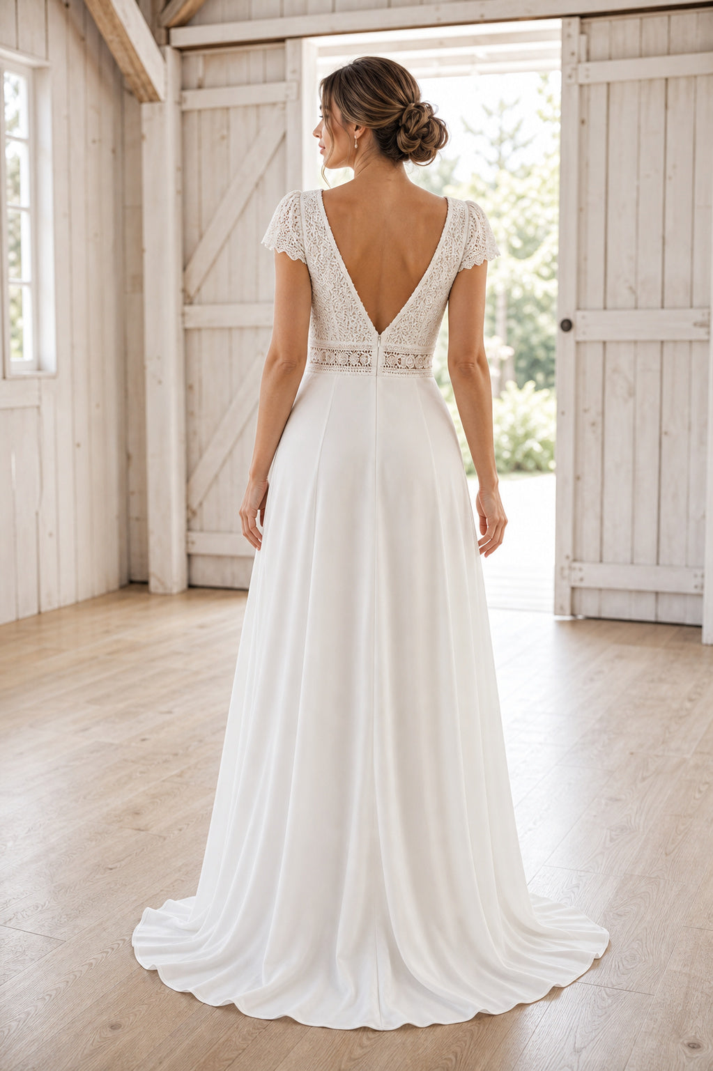 White Square A-Line Chiffon Floor-length Wedding Dress With Front Slit and Beaded Waist and Open Back