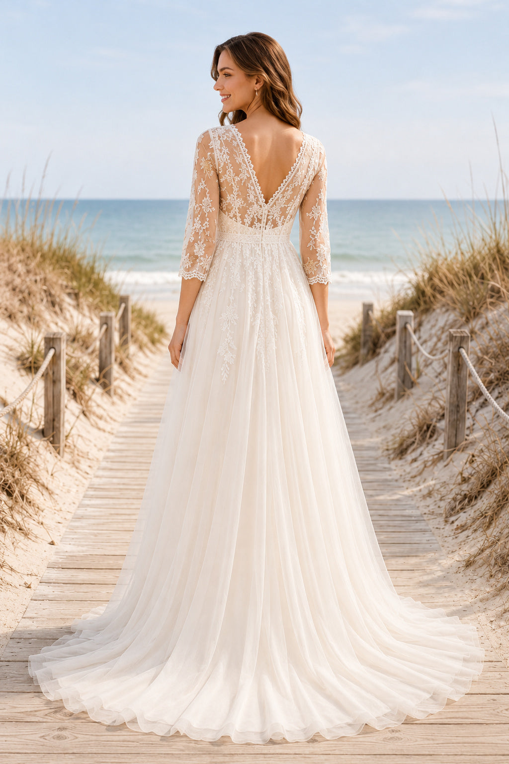 Ivory Boho V-Neck A-Line Soft Tulle Wedding Dress with Three Quarter Lace Sleeves and Sweep Train back view