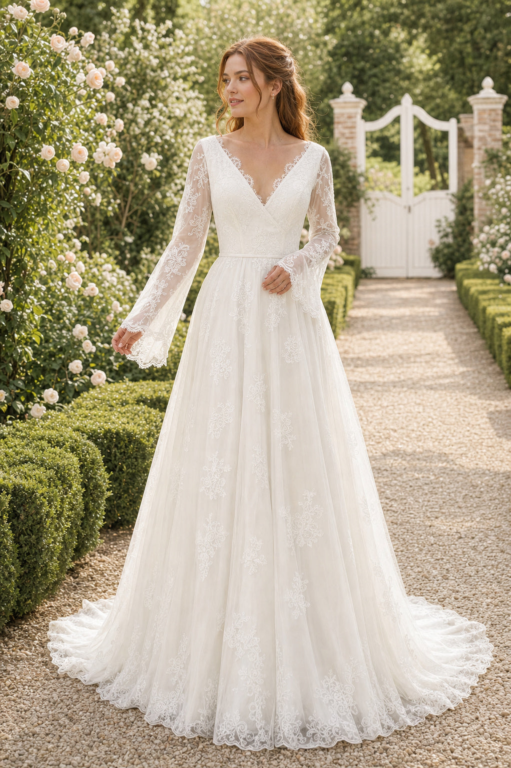 Ivory Scoop Short Sleeves A-Line Satin Floor-length Wedding Dress With Floral Appliques and Front Slit and Open Back Lace Hem Detail