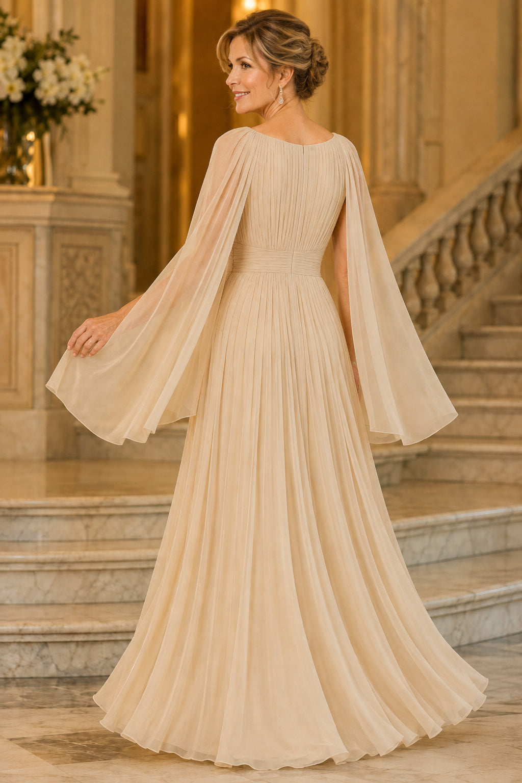 Champagne Bateau A-Line Mother Dress with Long Cape Sleeves and Pleated Chiffon back view