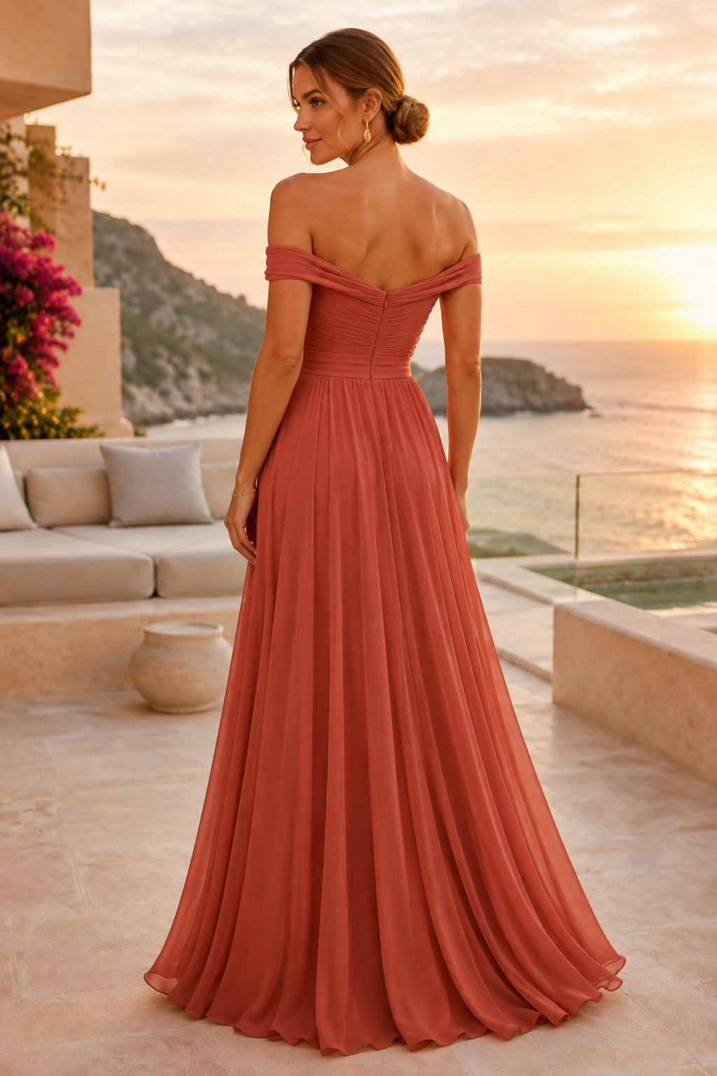 Papaya Off-the-Shoulder Chiffon A-Line Formal Dress back view