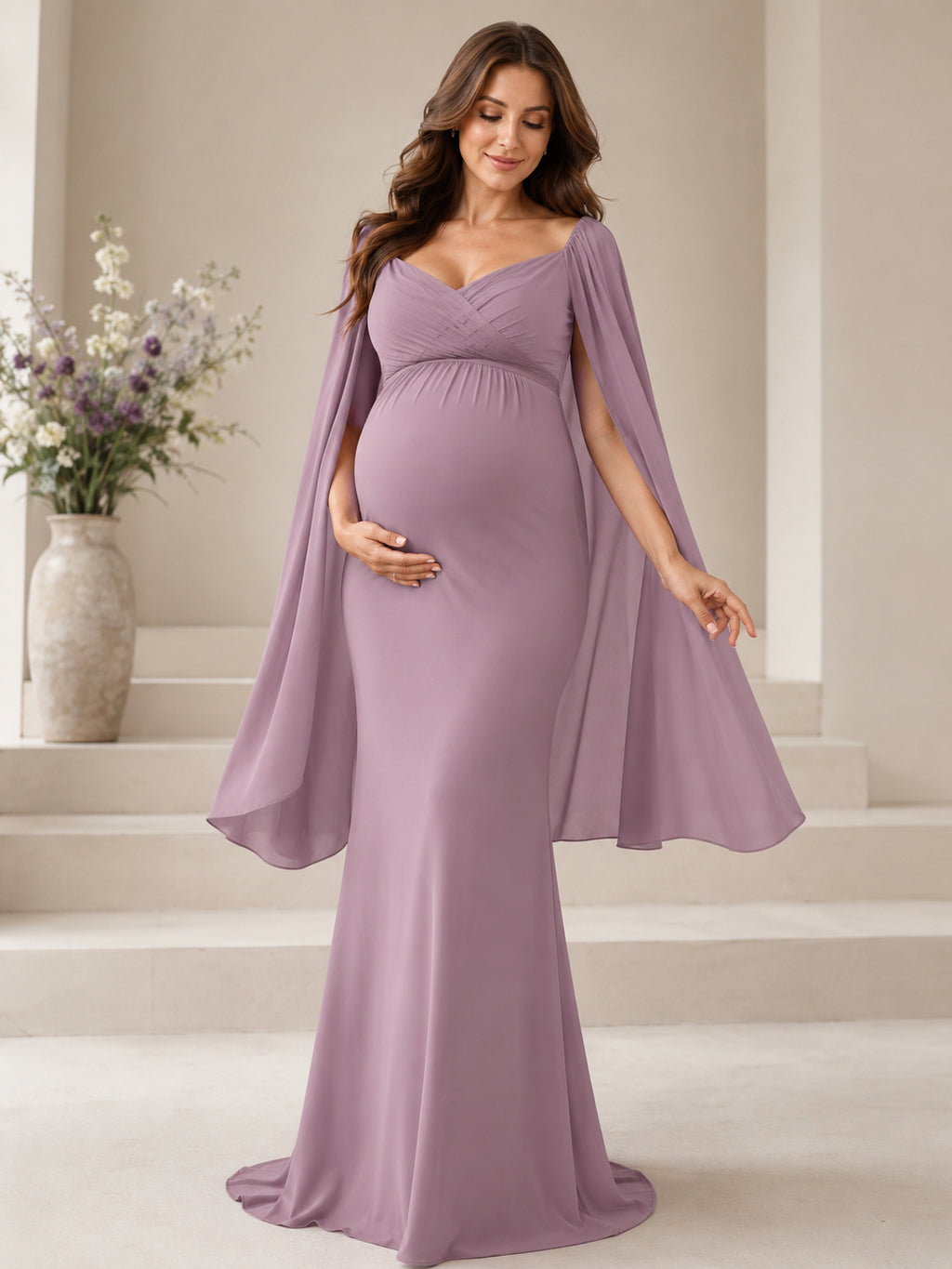 Mauve Maternity Sweetheart Cape Sleeve Mermaid Sweep Train Evening Dress front view