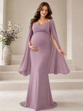 Mauve Maternity Sweetheart Cape Sleeve Mermaid Sweep Train Evening Dress front view