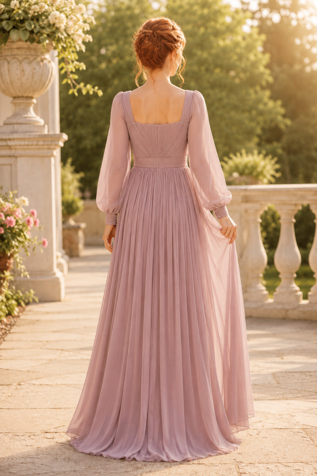 Plus Size Dusty Rose Square Neck Chiffon A-Line Dress with Long Puff Sleeves back view