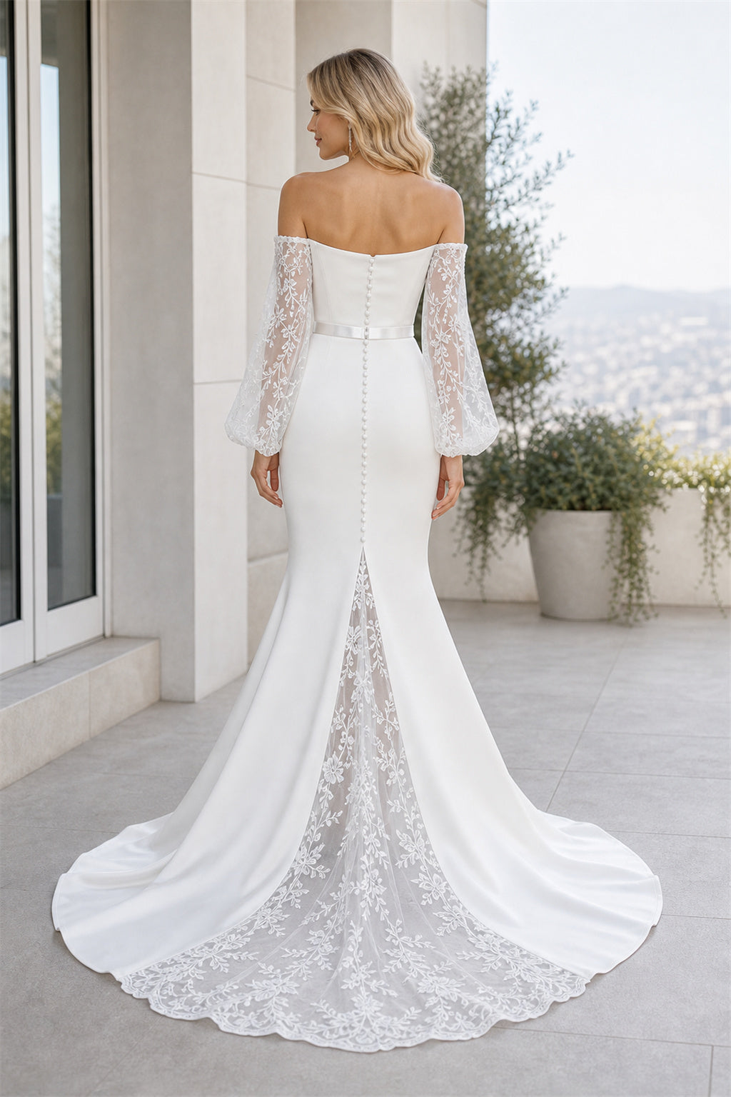 Ivory Sweetheart A-Line Crepe Floor-length Wedding Dress With Floral Appliques and Front Slit and Open Back