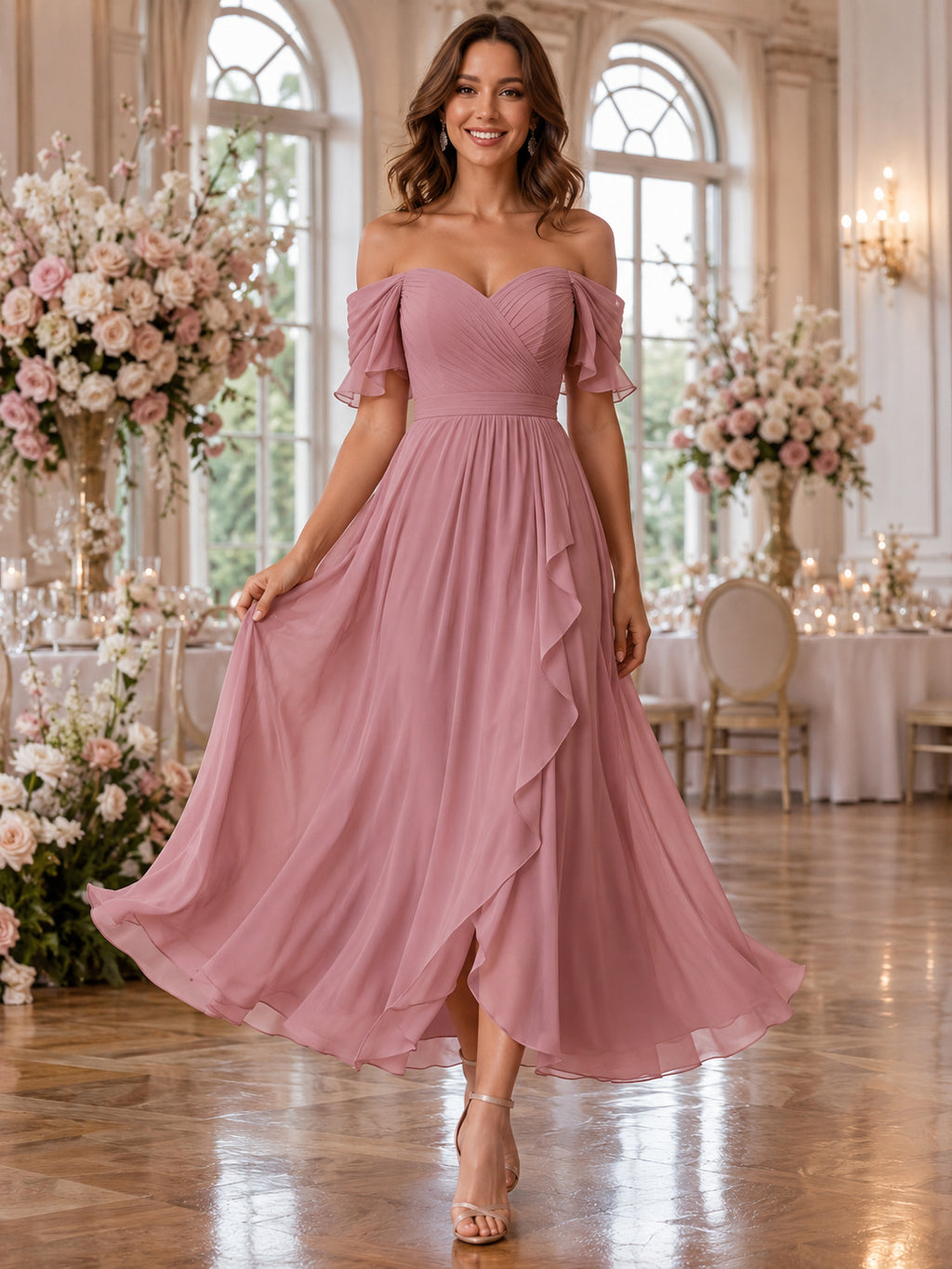 Dusty Rose Ballroom Wedding Guest Bridesmaid Cocktail Formal Dress A-Line Tea-Length Off-Shoulder Sweetheart Neck Short Sleev