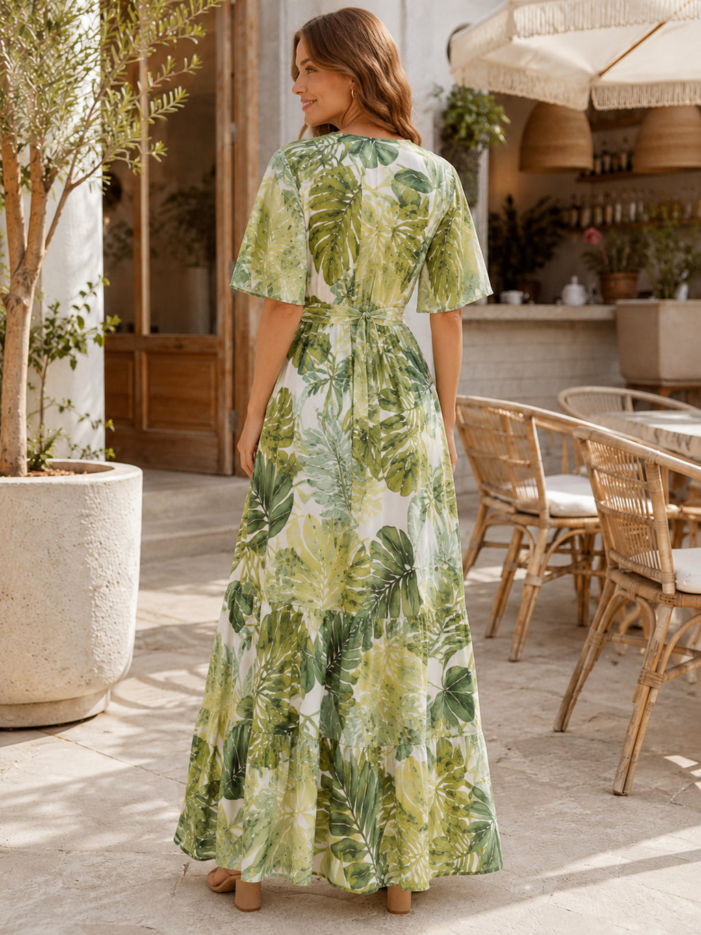 Green Foliage Print Kimono Sleeve Resort Maxi Dress back view