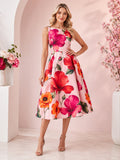 Bright Large Floral Sleeveless Pink Tea Length Dress front view