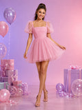 Pink Puff Sleeve Tiered Tulle Birthday Studio Mini Dress front view