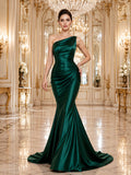 Dark Green One Shoulder Satin Grand Ballroom Mermaid Gown front view