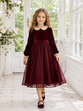 Burgundy Velvet A-Line Flower Girl Dress Long Sleeve Jewel Neck Tea Length front view
