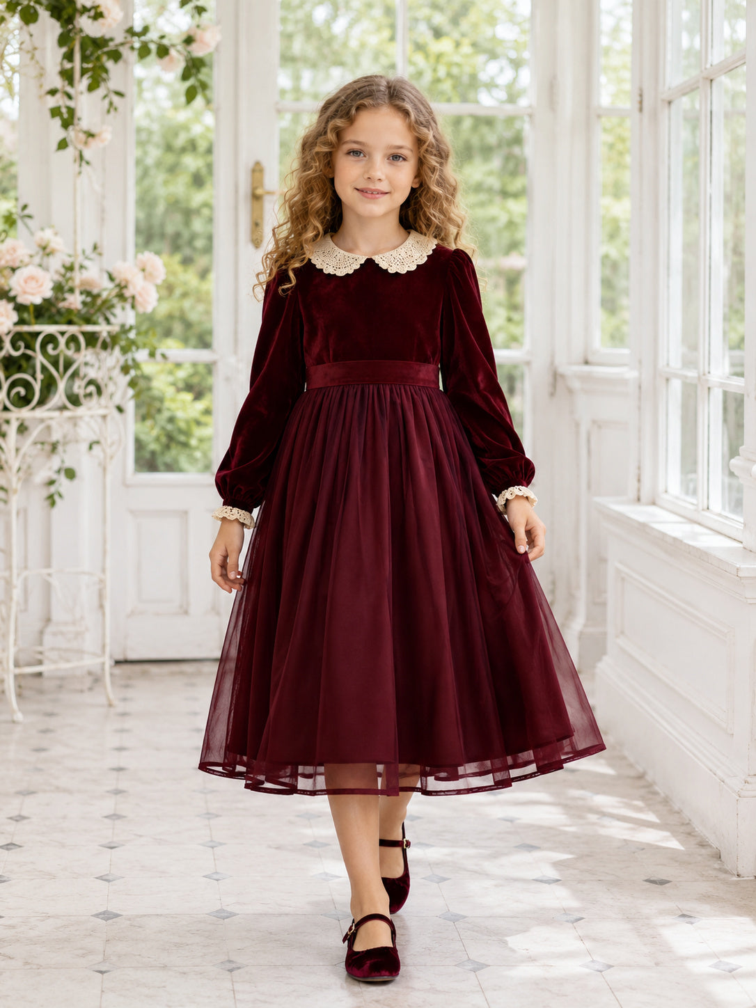 Burgundy Velvet A-Line Flower Girl Dress Long Sleeve Jewel Neck Tea Length front view