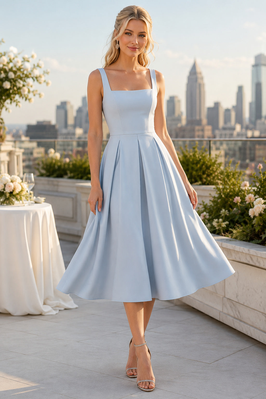 Sky Blue Formal Cocktail Midi Sheath Dress front view