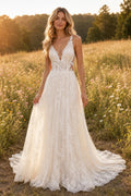 Ivory Plunging V-Neck Lace A-Line Wedding Dress with Straps and Sweep Train front view