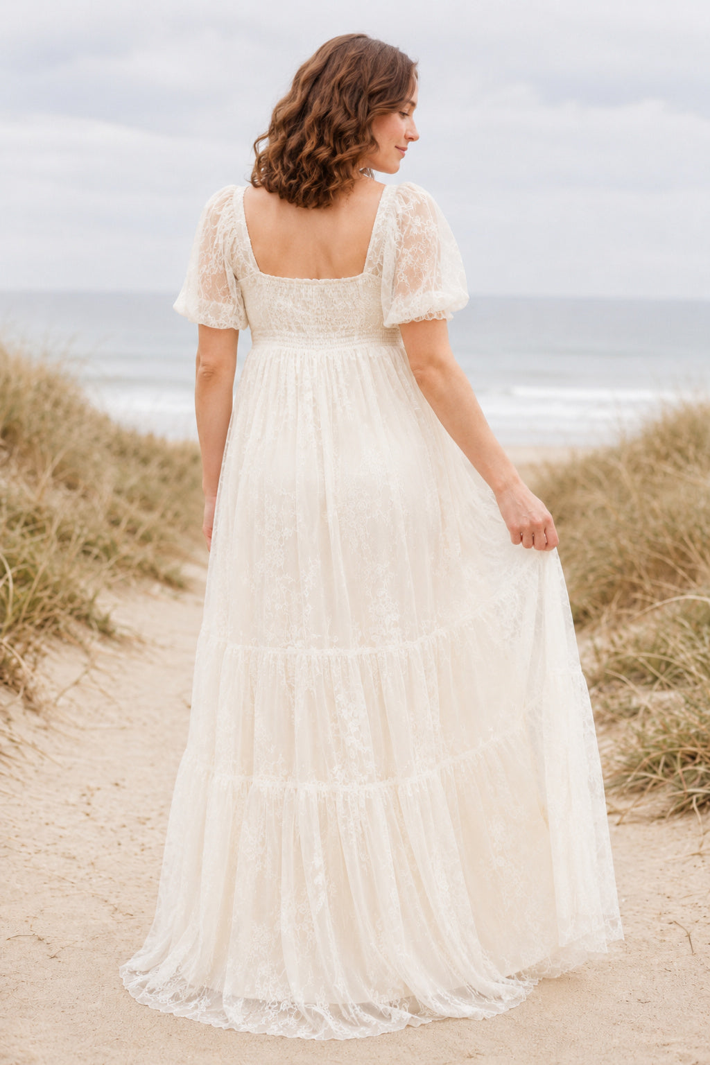 Ivory Maternity Square Neck Short Sleeve Lace Tea-Length Wedding Dress with Tiered Skirt back view