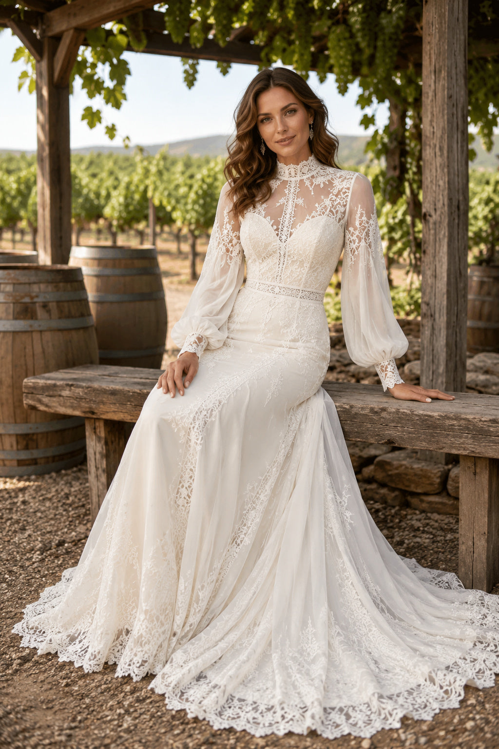 Ivory High Neck Long Sleeve Lace Mermaid Wedding Dress with Illusion Back and Train front view