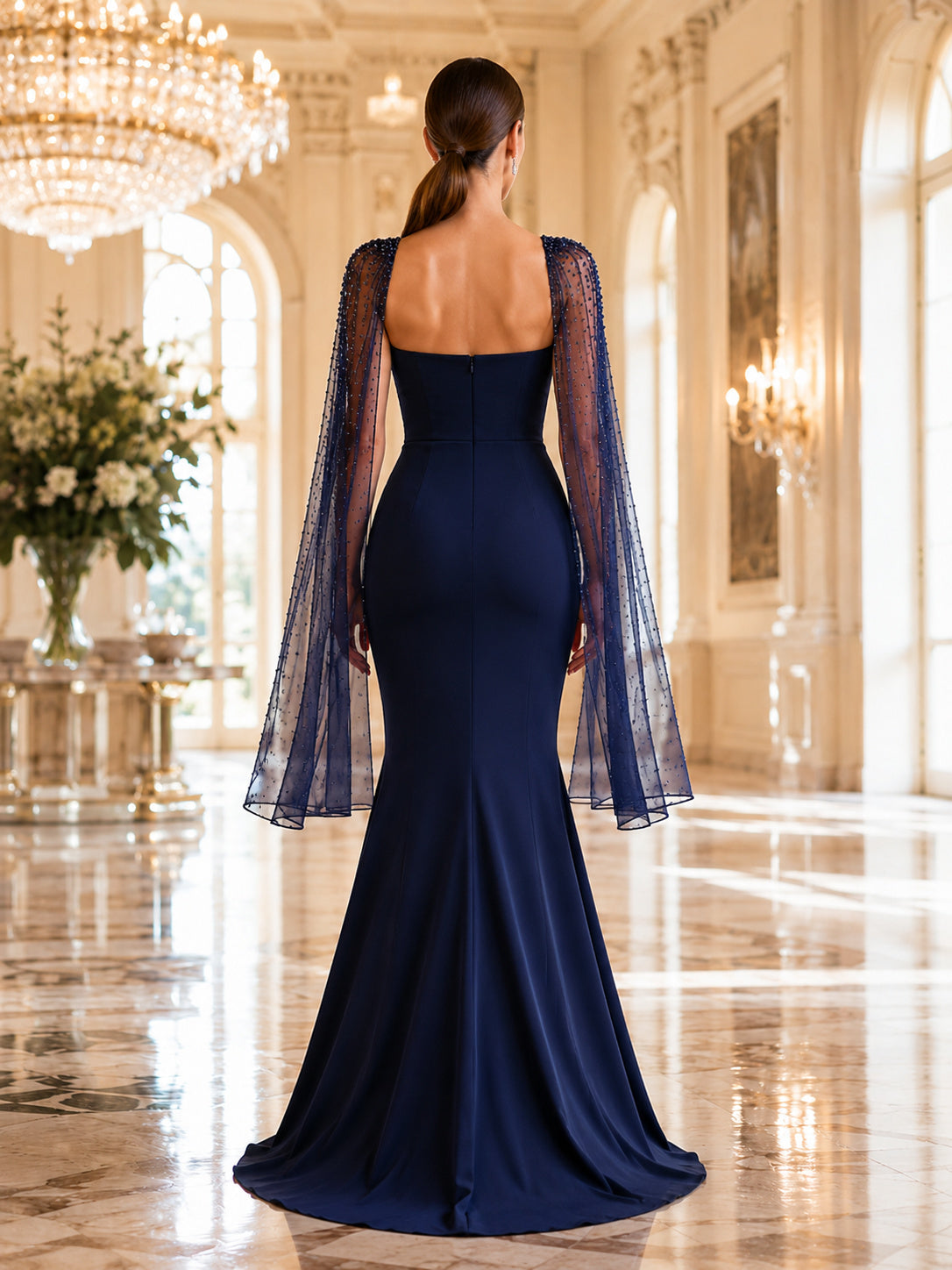 Dark Navy Strapless Mermaid Gown With Sheer Sleeves back view