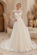 Ivory High Neck Long Sleeve Lace A-Line Wedding Dress with Illusion Back and Chapel Train front view